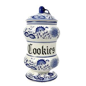 VTG Arnart Blue Onion Danube Ceramic Cookie Canister Jar w/Lid White Floral Blue